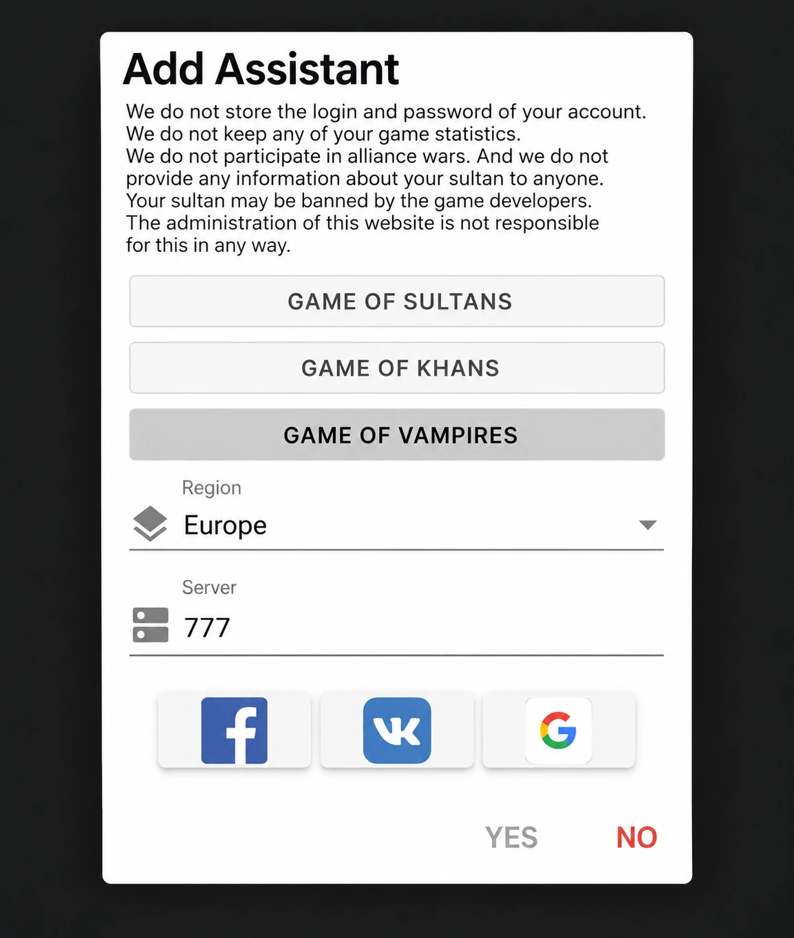 Selecting the Google account linked to a Game of Vampires character