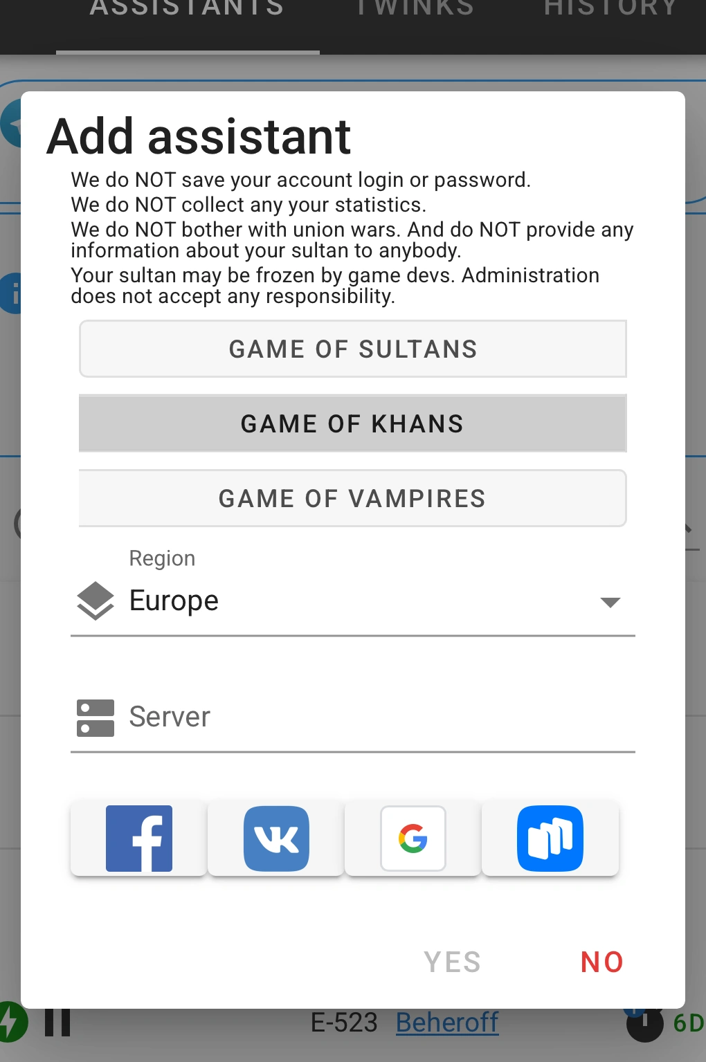 Connecting a Game of Vampires account