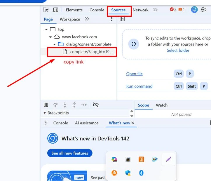 Where to copy the Facebook token link in the Sources tab