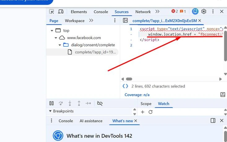 window.location.href içinden şifreli Facebook token'ının kopyalanacağı yer